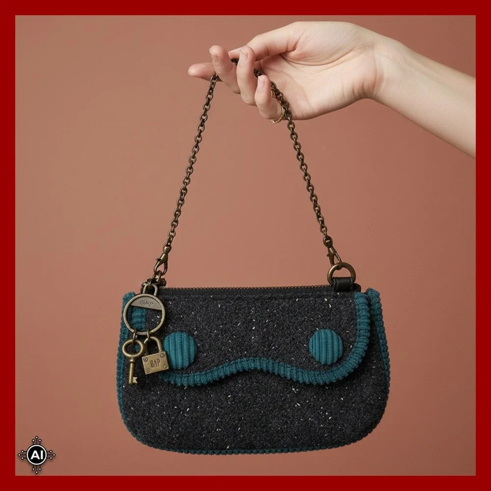 GAP Mini Purse‎ Crossbody Shoulder Bag Black Tweed Green Corduroy Key Charm Y2K